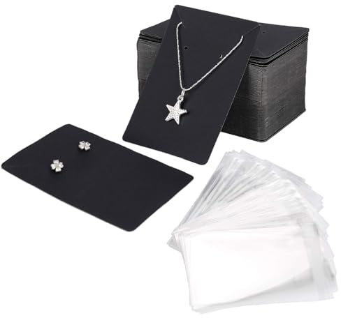 Jesustree 100 Stück Ohrring Display Karten mit 200 OPP Selbstklebende Taschen für DIY Verpackung Ohrringe, Halsketten und Armbänder, 9x6cm Halskette Display Karten, Schwarz