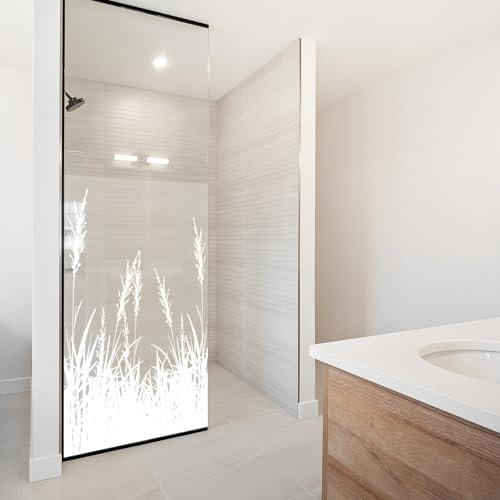 yabaduu Film adhésif pour cabine de douche, avec herbes, porte de douche, en verre dépoli, motif de champ, prairie - Film décoratif YX001-11 (blanc, 50 x 80 cm)
