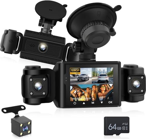 NHOPEEW Dash Cam anteriore e laterale 1080P con rilevamento del movimento e registrazione in loop - Dash cam HD a 3 canali con ampio angolo di 360° Facile da installare + scheda TF da 64 GB