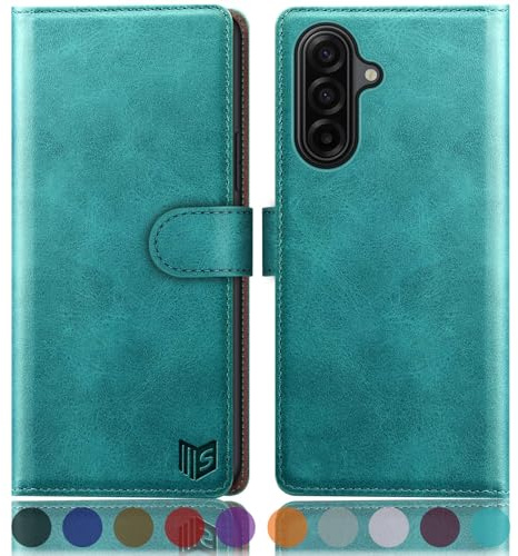 SUANPOT compatible with Samsung Galaxy A17 case with [RFID Blocking][Credit Card Holder],PU Leather Flip Book Protective Cover Women Men for Samsung A17 Phone case Blue Green