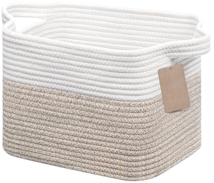 JOJOSEE Small Woven Storage Basket, Cotton Rope Basket for Shelves, Square Shelf Baskets for Home Bathroom Closet Organizer 33x25x22.5cm (White&Brown)