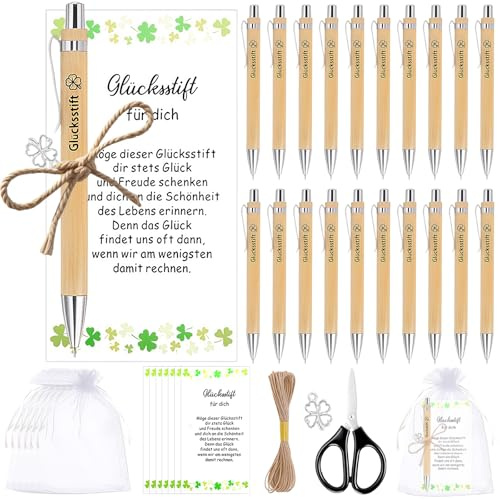 MirraSwit 20 Stück Glücksstift Kugelschreiber Geschenke | Glücksstift für Gastgeschenke Hochzeit, Abschiedsgeschenk Kollegen, mit Vier Blatt Gras Anhänger, Karten, Seil für Lehrer