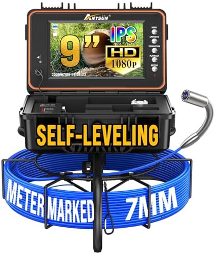 Anysun Inspektionskamera mit Selbstnivellierung 9 IPS Bildschirm 1080P DVR | 23mm IP68 Wasserdichter Rohrkamera, 7mm Kabel mit Meter-Markierung, 5100mAh Akku Endoskopkamera für Abflussinspektionen