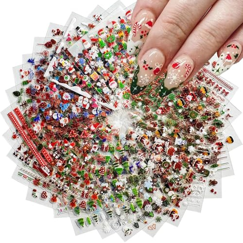 BelleFlair 30 fogli adesivi per unghie 3D di Natale Fiocco di neve adesivi per unghie autoadesivi Motivi invernali Babbo dolce tatuaggi per unghie per donne e bambini Nail art decorazioni design