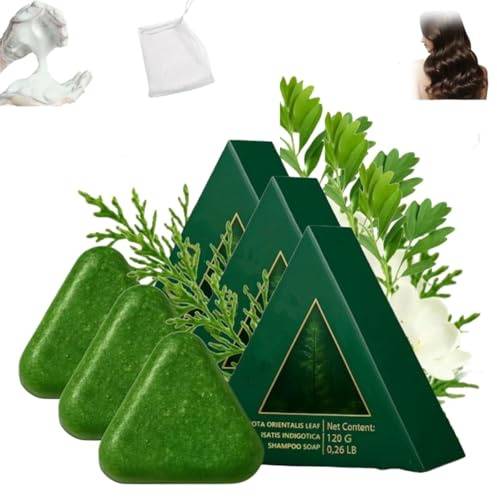 Nature Triangle Shampoo Bar, 2025 Neu Nature Seven Green Soap Shampoo, 𝐔smans Grass 𝐒ham poo Bar mit Schaumnetz Pflanzliches Festes Beruhigt und Stärkt Haar für Damen Herren (3)