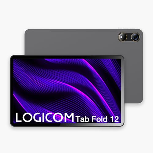 Logicom - Fold 12 - Tablette Android 15 - Folio Gartuit - 12 Pouces - 2K - 6 Go RAM - 128 Go + 512 Go - WiFi 6 - Octa-Core - USB C - Caméras 8MP et 5MP - Batterie 7000mAh - Gris