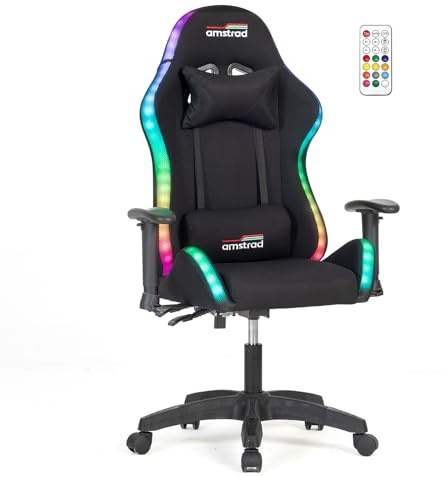 Amstrad AMS-LED-Fusion-BK Fauteuil/Chaise de Bureau Gamer Noir avec éclairage LED 366 Effets - Télécommande