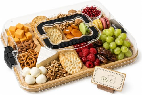 Ribech Piatto per Formaggi Tagliere per Charcuterie con Coperchio – Vassoio Portafomaggio Portatile con 6 Scomparti, Tagliere in Legno di Bambù – Ideale per Picnic, Brunch e Viaggi