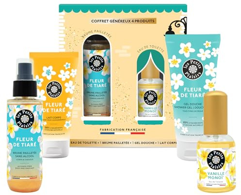 Coffret Cadeau Les Petits Plaisirs – Le Village des Senteurs Vanille Monoï – Eau de toilette 30ml, Brume pailletée, Gel douche & Lait corps – Fabriqué en France