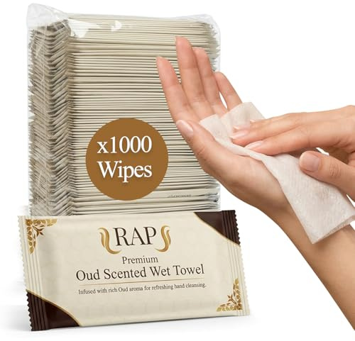 Scented Wet Wipes Individually Wrapped 1000 Pack OUD Hand and Face Napkins | Sealed single sachets keep each wipe moist, light fragrance, bulk catering quantity for restaurants, bars, weddings, events