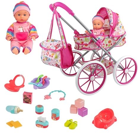 Carrito de Muñecas con Muñeco Bebé y Accesorios 20 Piezas – Cochecito de Juguete Plegable con Capota, Bolsa y Ruedas EVA – Set Completo Muñeca con Orinal, Biberón y Complementos – +3 Años