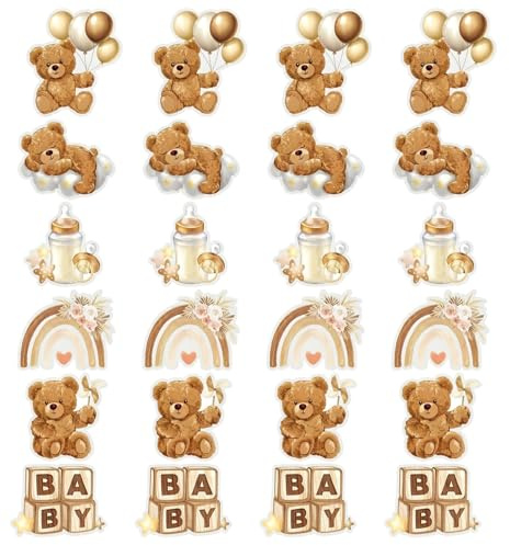 QEAS 24er Set Cupcake Topper Bär, 6 Designs Tortendeko Bär Tortendeko aus Lebensmittelkarton Muffin Deko Kuchen Dekoration Cake Topper Oh Baby, für Babyparty Gender Reveal Taufe Geburtstag
