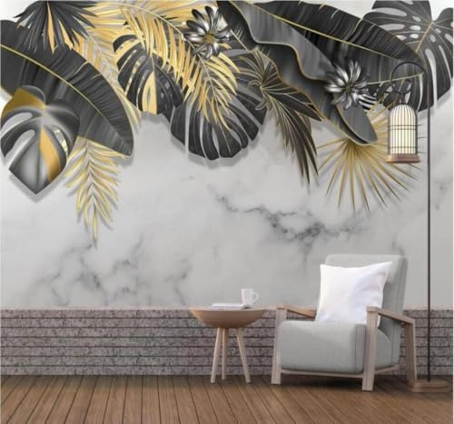 XLMING En Trois Dimensions Noir Doré Feuille De Bananier Imitation Marbre 3D Papier Peint Luxe Décoration Manger Adulte Intérieure Salon Canapé Chambre Fond TV Mur-200cm×140cm