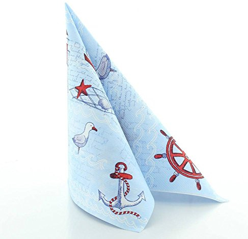 ovie HORECA Airlaid Serviette MEERESBRISE, 40x40cm, 1/4 Falz, 50 Stück, mit maritimen Designelementen wie Segelschiff, Steuerrad, Anker und Seemöwen in Blau – ideal für Gastronomie und Veranstaltungen