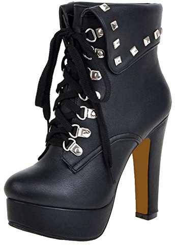 Onewus Women Boots with High Heel and Thick Platform Lace Up Ankle Boots with Small/Plus