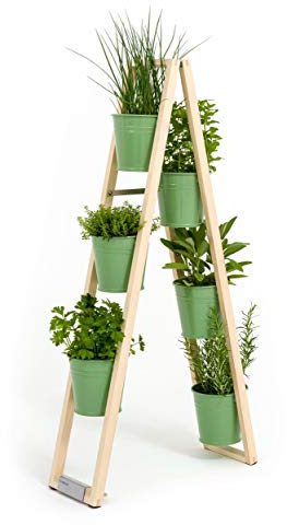 Pflanzleiter, Blumenregal, Blumenleiter, Kräutertöpfe 2 in 1, kann frei Stehen oder hochgestellt an Einer Wand lehnen (Blassgrün)