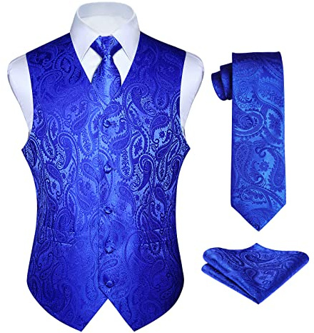 Enlision Gilet Costume bleu royal Homme Mariage Paisley Ensemble de Cravate et Pochette Jacquard Gilets sans Manche pour Fête L