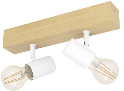 EGLO Deckenlampe Townshend 3, 2 flammiger Vintage Deckenspot im Industrial Design, Retro Lampe aus Stahl und Holz, weiß, braun, E27 Fassung