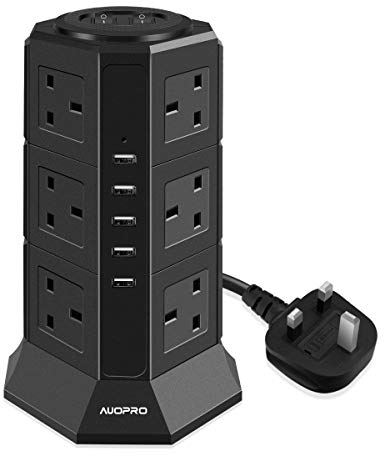 AUOPRO Surge Protector Extension Lead with USB Slots, Vertical Tower Power Strip Switched Desktop Charging Station, 12 Socket and 5 USB Slots, 2 Metre Extension Cable