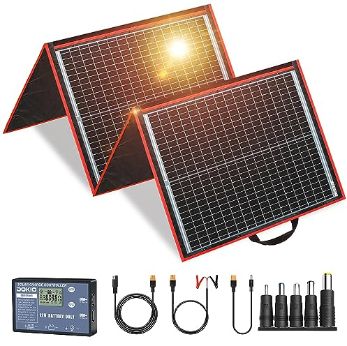 DOKIO Kit de panel solar portátil de 150 W y 18 V (solo 9 libras), cargador solar plegable con 2 salidas USB para baterías de 12 V/estación de energía AGM LiFePo4 RV Camping Remolque Coche Marino