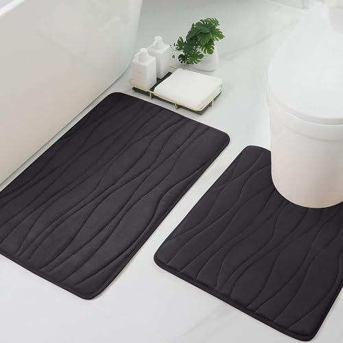 Homaxy Badematten Set 2 teilig Memory Foam Badezimmerteppich WC Vorleger mit Ausschnitt Set Saugfähige rutschfeste Badteppich Set Waschbar Badvorleger Set 2teilig, Schwarz