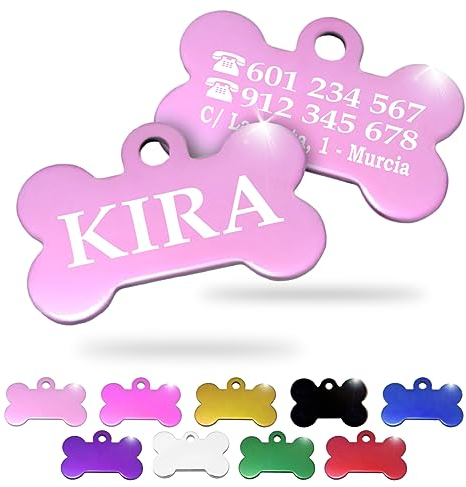 Ibera Gifts - Chapa Perro Grabada en Forma de Hueso, Placa Perro Personalizada para Perros y Gatos Pequeños y Medianos, Tamaño 30 x 20 mm, Chapa Identificativa Perro y Gato (Rosa)