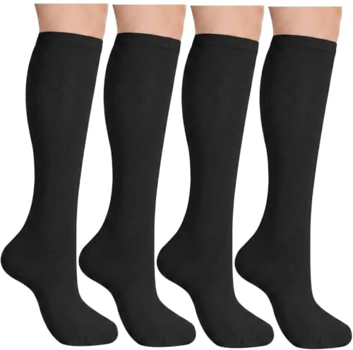 Women's Knee Thigh High Socks Long Boot Welly Gifts for Ladies 4 Pairs | Soft Thermal Calf Socks for Wellington Cotton Warm Daily School Work Outdoor Wear Christmas Birthday Gift