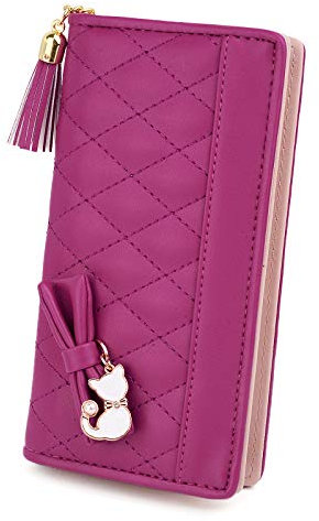 UTO Femme Filles Portefeuille Longue Porte-Monnaie à glissière Grande Capacité(Portable) avec Chat Mignon Pendentif en PU Cuir Rosé Fuschia