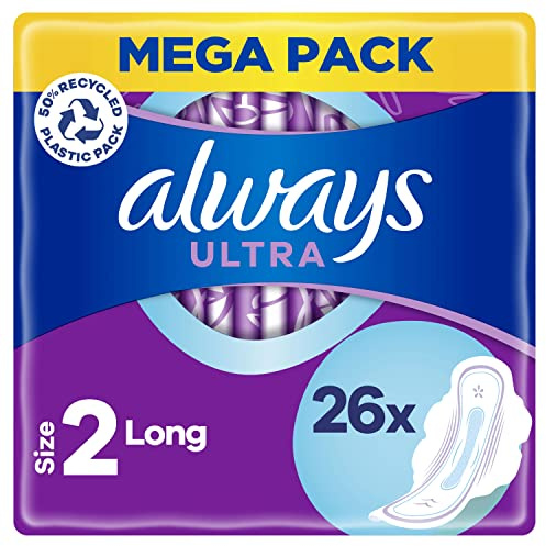 Always Ultra Sanitary Towels with Wings, Size 2, Long, 104 Towels (26 x 4 Packs), MEGA PACK, Odour Neutraliser, Absorbent Core