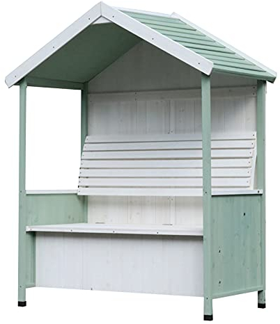 Dynamic24 Garten Bank überdacht Gartenhaus Sitzbank mit Auflagenbox Laubenbank Philosophenbank Mint Weiss Holz Gartentruhe Auflagen Box Truhe Stauraum Aufbewahrung Truhenbank