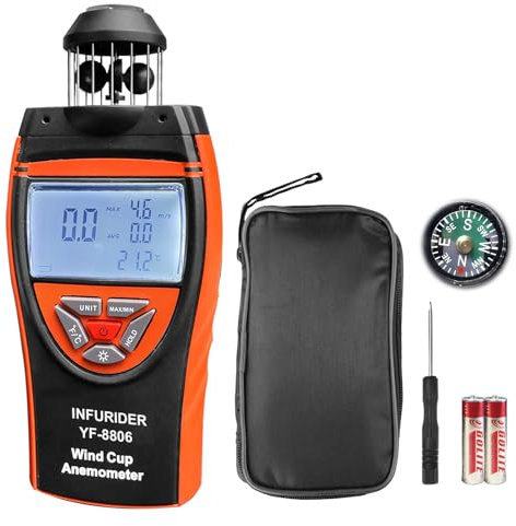 Handheld Wind Cup Anemometer,INFURIDER YF-8806 Digital Wind Speed Gauge Meter Shows Wind Temperature,Max/Min/Avg Air Volume,Wind Velocity/Direction w/Compass for HVAC Weather Monitoring