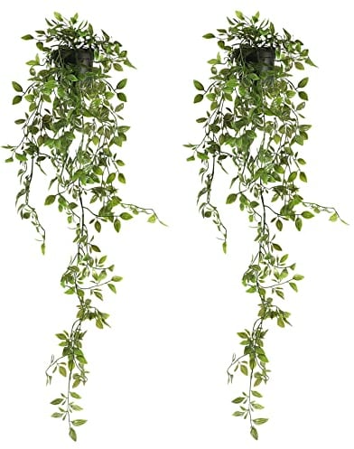 Famibay Set of 2 Artificial Potted Plant Hanging Vines Green Trailing Artificial Plants in Pots Faux Drooping Plants Indoor House Plants Hanging for Shelf Living Room Bathroom Kitchen Wall