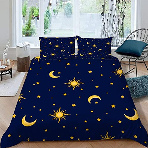 BUMIYA Bettwäsche-Sets 220x240 3D Druck Sonne, Mond Und Sterne Bettwäsche Weiche 100% Mikrofaser mit Reißverschluss Blau Und Gold Erwachsene Winter Herbst Bettbezüge mit 2 Kissenbezug 80x80 cm