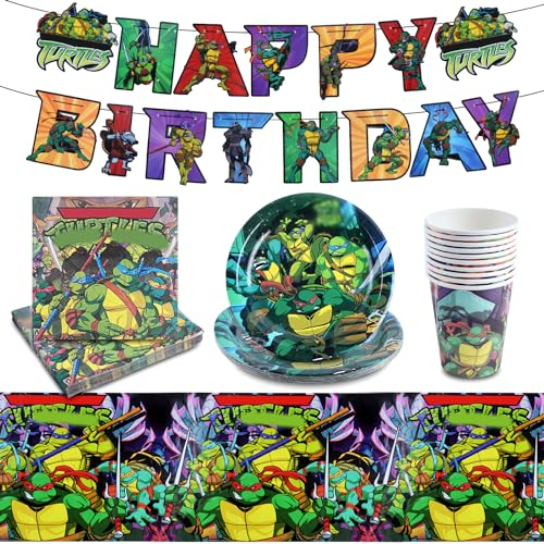 Ruenie 42 Pcs Turtles Anniversaire Vaisselle, Turtles Gobelet Carton, Assiette Et Serviette, Nappe, Banniere Happy Birthday, Turtles Decoration Anniversaire Garcon, Turtles Fête Vaisselle Set Enfant