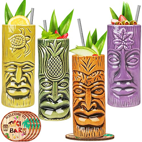 Lot de 4 tasses Tiki – Verres à cocktail exotiques avec dessous de verre et pailles pour Mai Tai, Pina Colada, Tiki Bar