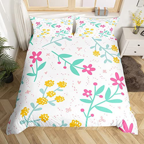 Floral Duvet Cover Set Double Size, Rose Yellow Flower Bedding Set 3pcs for Kids Boys Girls Bedroom Decor, Botanical Garden Artwork Comforter Cover Soft Polyester Quilt Cover with 2 Pillowcases