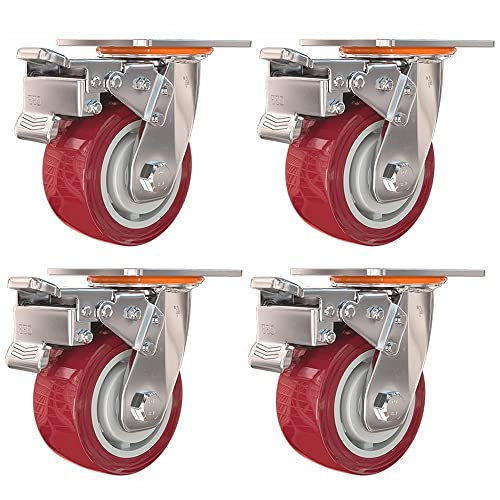 JKIOOW Schwerlastrollen 4IN 360 Grad Lenkrollen aus Nylon Möbelrollen mit Bremse Gesamtkapazität 700kg for Laufkatze, Wagen 4pcs (Color : with Brake, Size : 5in/125mm)