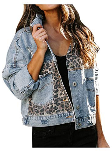 HAOLEI Denim Jackets Women Cropped Petite Stretch Vintage Wash Top Smart Utility Trucker Biker Jacket Fitted Leopard Print Faded Work Jean Jacket with Long Sleeves Blue