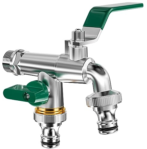 Mesybveo doppel wasserhahn garten, Wasserhahn aus Messing rost mit 1/2'' Einlass und 3/4'' Auslass,doppelwasserhahn mit Doppelanschluss und Schlauchtülle, frostsicher, Auslaufhahn für Draußen Garten