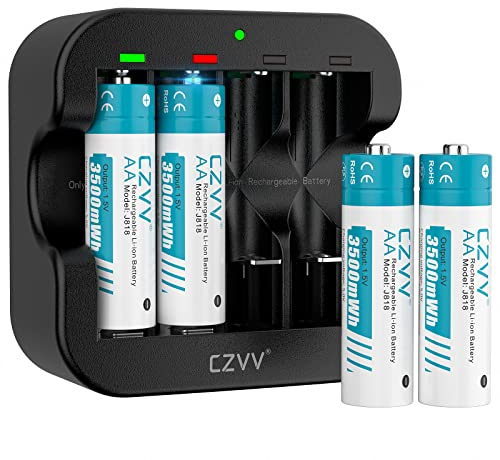 czvv Piles Rechargeables Lithium AA 1,5V - Chargeur avec 4 Pack Accu Haute Capacité 3500mWh - Charge Rapide 2H - Batterie Durée 10 Ans, 1300 Cycles, Préchargées, Faible Auto-décharge, Sortie Constante