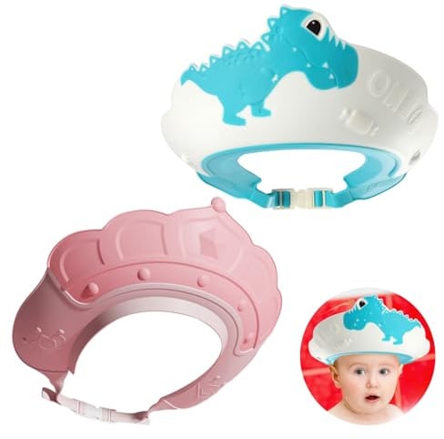 2 Pcs Baby Shower Cap Set, Adjustable Hair Washing for Toddler Kids Boys Girls, Baby Visor for Eyes, Ears and Face(Crown Pink, Dinosaur Blue)