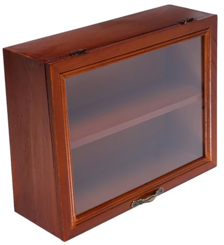 Artibetter Wooden Flip Storage Cabinet Desktop Wood Display Rack for Figurines Collectibles and Model Statues Vintage Small Display Cabinet for Home Desk and Shelf