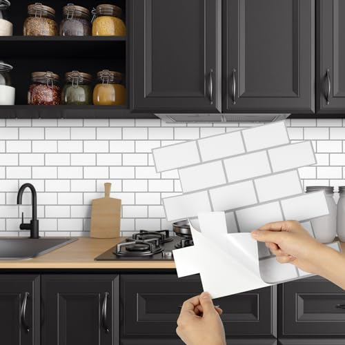 Fantasnight White Self Adhesive Tile Stickers 10pcs, 2D Stick on Wall Tiles 30 x 30cm, Waterproof Peel and Stick Tiles, Vinyl Wall Tile Stickers for Bathroom, Backsplash for Kitchen