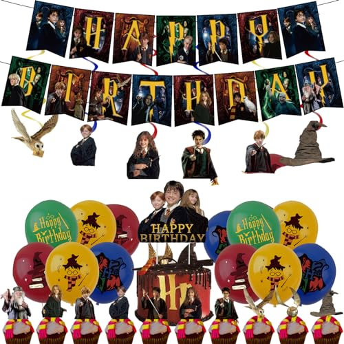 44Pcs Harry Potter Birthday Decorations,Magical Wizard Party Packs with Happy Birthday Banners,Harry Potter Balloons,Cake Toppers,Hanging Swirls for Girl Boy Birthday Party Supplies