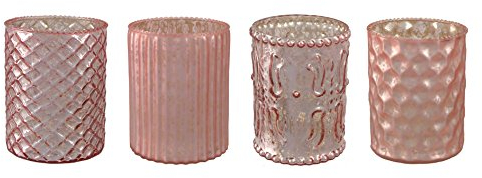 Teelichtglas Set 4 Stück 10,5cm, verspiegelt. Windlicht mit Dekor, Glasteelicht, Kerzenglas, Teelicht ROSA