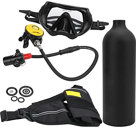 VGEBY Tauchflaschen-Set, 1 L Unterwasser-Sauerstoffflaschen-Set, Tragbares Mini-Tauchflaschen-Set mit Entlüftungsventil, Tauchergurt, Taucherbrille, Geeignet für Tauchbegeisterte (Black)