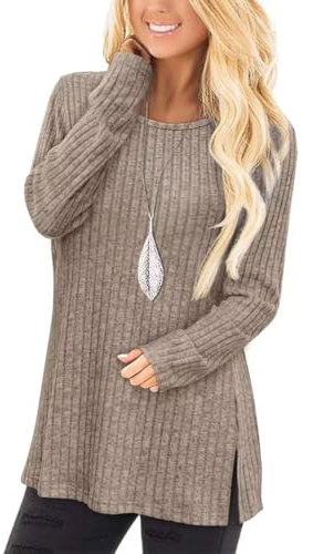 Jescakoo Damen Pullover Herbst Rundhals Langarmshirt Leichtes Oversize Sweatshirt Elegant Winter Strickpullover Kaffee XL