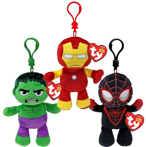 TY Marvel Clip Multipack - Hulk, Iron Man, Miles Morales | Soft Plush Toys for Kids | Teddy & Baby Collectible Stuffed Plushies | Bag Clips