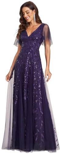 Ever-Pretty Abiti da Ballo Linea ad A Scollo a V per Cerimonia Sera Damigella Lungo con Paillettes Donna Viola Scuro 46