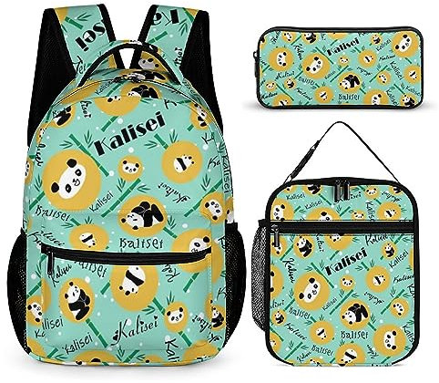 SweetJECCU Mochila de mariposa personalizada con lonchera y juego de estuche, juego de 3 mochilas escolares personalizadas, Panda-3., L, Mochila con fiambrera